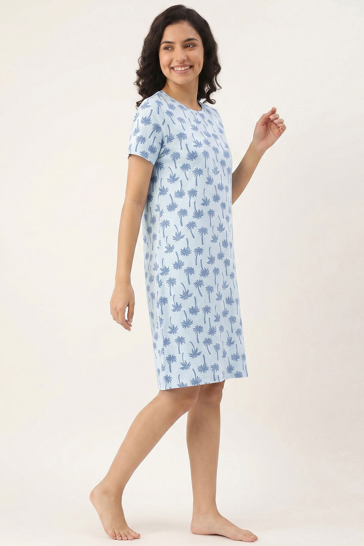 Zivame Farm Lore Knit Cotton Knee Length Nightdress - Nantucket Breeze — image 3